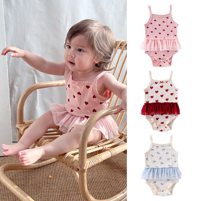 Summer Arrival Baby Girls Sleeveless Heart Pattern Tulle Patchwork bodysuit Bodysuits