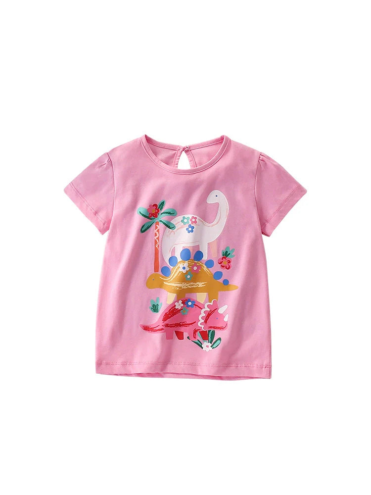 Summer Arrival Girls’ Cartoon Dinosaurs Pattern Short Sleeves Pink T-shirt in European and American Style