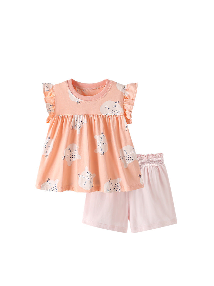 Summer Baby Kids Cartoon Leopards Pattern Top and Pink Shorts Clothing Set for Girls