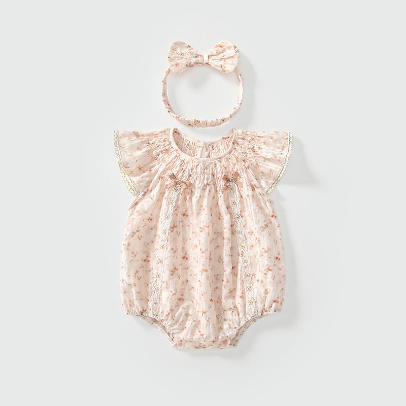 Summer Arrival Fly Sleeves Flowers Pattern Butterfly-bow Decorated bodysuit for Stylish Girls